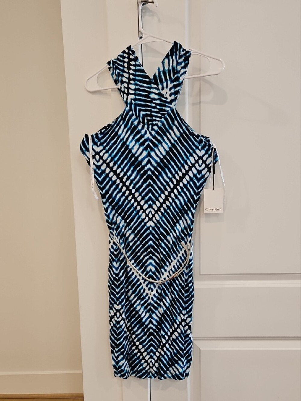 Calvin Klein One-Shoulder Blue and White Patterned Sheath Dress